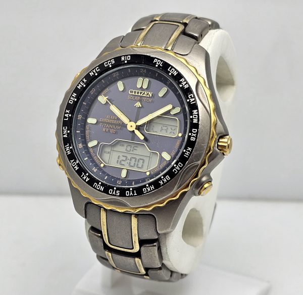 Citizen C605 Q00567 Eco Drive Solar Titanium World Time Vintage Mens Watch 1 600x583